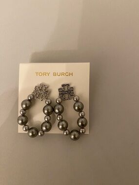 Tory Burch Gunmetal Pearl Hoop Earrings with Silver Logo, NWT